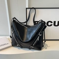Borsa tote minimalista in pelle PU nera con cerniere argento e tracolla regolabile - Nero