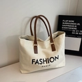 Bolso tote de lona blanco crema con asas de cuero marrón y letras Fashion Paris - Blanco Roto