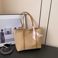 Khaki large tote bag with brown handles and a pink silk scarf with an H-logo - Khaki