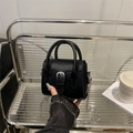 Chic black mini square handbag with matte finish and silver metal chain strap - Black