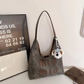 Retro charcoal grey canvas hobo bag with leather strap and white puppy plush charm - With Pendant / Dark Brown