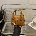 Minimalist caramel brown square handbag with silver buckle and metal chain strap - Brown