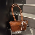 Brown faux leather tote bag with silver buckle and black white checkered ribbon bow - Brown
