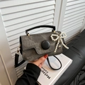 Gray washed denim square bag with black leather handle and pearl bow pendant - With Pendant / Black
