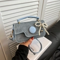 Light blue denim texture small square bag with pearl bow and detachable strap - With Pendant / Blue