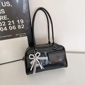 Fashionable black faux leather underarm bag with white pearl lace bow pendant - With Pendant / Black