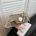Gray denim small square crossbody bag with white leather handle and pearl bow charm - With Pendant / White
