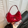 Vintage red suede moon bag with a delicate bow and heart-shaped metal pendant charm - Red