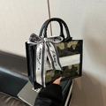 Chic black and gold embroidered square tote bag with silk ribbon detail on handle - Black with Gold