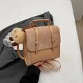 Retro khaki and camel patchwork backpack with decorative straps and a plush charm - With Pendant / Khaki