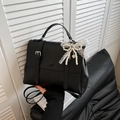 Chic black matte PU leather backpack with decorative pearl lace bow and heart charm - With Pendant / Black