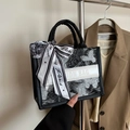 Fashion tote bag with butterfly print and elegant silk scarf detail in black and white - Black With Silver