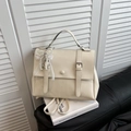 Cream white vintage PU leather backpack with pearl lace bow charm and metal buckles - With Pendant / White