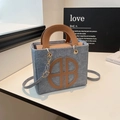 Grey felt tote bag with brown leather handles and adjustable shoulder strap for daily commuting - Khaki Blue
