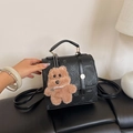 Minimalist black leather backpack with LNBOE letter print and cute brown bear charm - With Pendant / Black