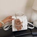 White mini backpack with cartoon prints and a cute plush bear charm accessory - With Pendant / White