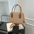 Chic two-tone khaki crossbody bag with V-quilted faux leather and dual top handles - Khaki