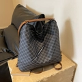 Borsa tote in jacquard grigio scuro con motivo a trifoglio e manici in pelle marrone - Blu