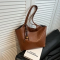 Brown woven leather tote bag for women with decorative stripe charm and gold detail - Brown (With Bell Rope Charm)