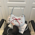Blue square crossbody bag with red polka dots and a large bow pendant decoration - With Pendant / Light Blue