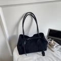 Minimalist black faux suede shoulder tote bag with decorative buckle and slim straps - Black