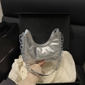 Silver crescent hobo bag with metallic finish and chunky chain detail shown in gift box - Silver