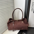 Large capacity vintage dark brown suede tote bag with slim handles and strap detail - Brown