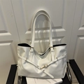 Minimalist white tote bag in polished faux leather with adjustable gold buckle strap - White