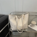 Vintage large capacity tote bag in creamy white faux leather with slender shoulder straps - White