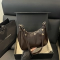 Deep brown glossy crescent shoulder bag with gold hardware and stylish gift box - Brown