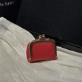 Mini red jewelry pouch in lychee grain leather with vintage gold clasp on silk - Red