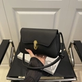 Minimalist black matte leather small square bag with golden capsule metal lock closure - Black