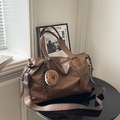 Brown large capacity PU leather tote bag with patterned strap and donut charm - With Pendant / Brown