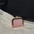 Mini pink litchi leather jewelry pouch with vintage gold kiss-lock closure clasp - Pink