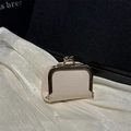Mini cream white lychee texture kiss-lock jewelry pouch with gold metal frame - White