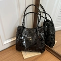 Fashionable black sequin tote bag for women featuring woven leather straps and logo patch - Black