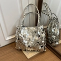 Fashion silver sequin underarm bag with shimmering texture and woven handle design - Silver