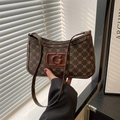Retro small square armpit bag in dark brown monogram pattern with metal G logo - Vintage Monogram Coffee