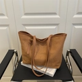 Brown large capacity tote bag with woven texture and thin leather shoulder straps - Brown