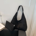 Sac fourre-tout noir minimaliste avec fleurs ajourées et pochette en feutre assortie - Noir