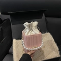 Pink woven square bag with pearl handle and golden chain, elegant crossbody style - Pink