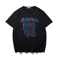 Lockeres schwarzes T-Shirt mit buntem Flammenprint und Born To Ride Schriftzug - M / Schwarz