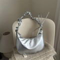 Elegante borsa a mezzaluna argento metallizzato con manico a pieghe e fiocco - Argento