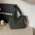Dark green corduroy tote bag with side pocket and beige tassel charm for school - Green