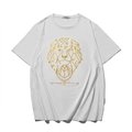 White cotton t-shirt with gold lion head print and geometric design in relaxed fit - M / White