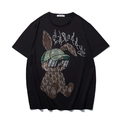 Oversized black cotton T-shirt featuring a rhinestone-embellished cartoon bunny design - XL / Black
