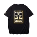 T-shirt oversize nera in cotone con stampa a coniglio dorata e scollo rotondo - M / Stile Doppio Coniglio - Nero (T6183)