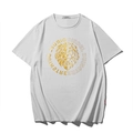 White cotton t-shirt featuring a golden geometric lion print with letter graphics - M / White