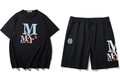 Men's loose black street style set with blue letter M print t-shirt and shorts - Black Set (Top and Shorts)