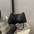 Handwoven black leather hobo shoulder bag featuring a sleek braided strap design - Black